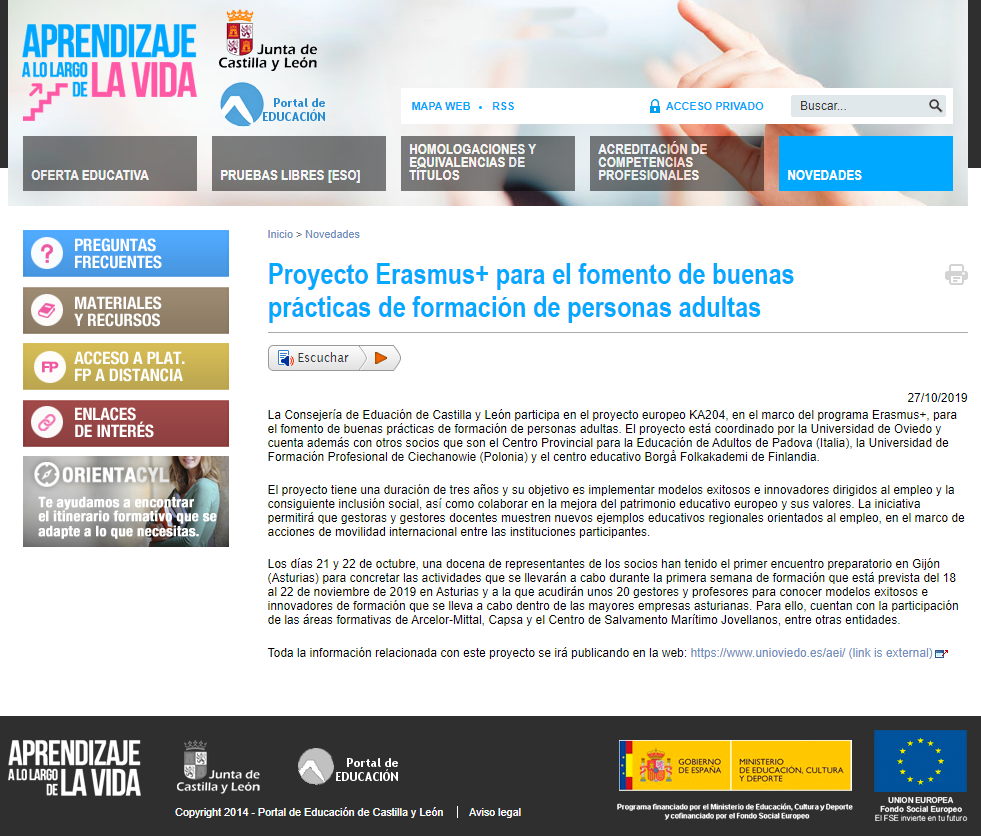 Divulgación del proyecto Erasmus+ AEI en la web temática de Aprendizaje a lo largo de la vida del Portal de Educación de la Junta de Castilla y León