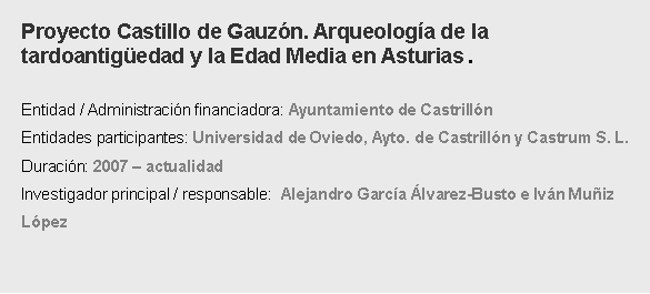 Cuadro de texto: Proyecto Castillo de Gauzn. Arqueologa de la tardoantigedad y la Edad Media en Asturias . Entidad / Administracin financiadora: Ayuntamiento de Castrilln Entidades participantes: Universidad de Oviedo, Ayto. de Castrilln y Castrum S. L. Duracin: 2007  actualidadInvestigador principal / responsable:  Alejandro Garca lvarez-Busto e Ivn Muiz Lpez 