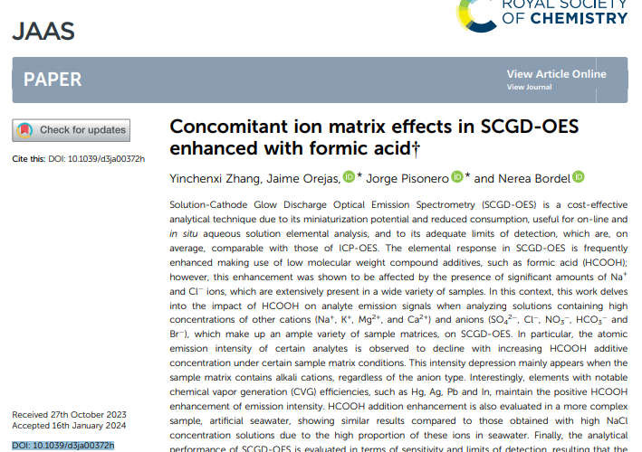 JAAS publication on SC-GD-OES from Laser and Plasma Spectroscopy Research Group!