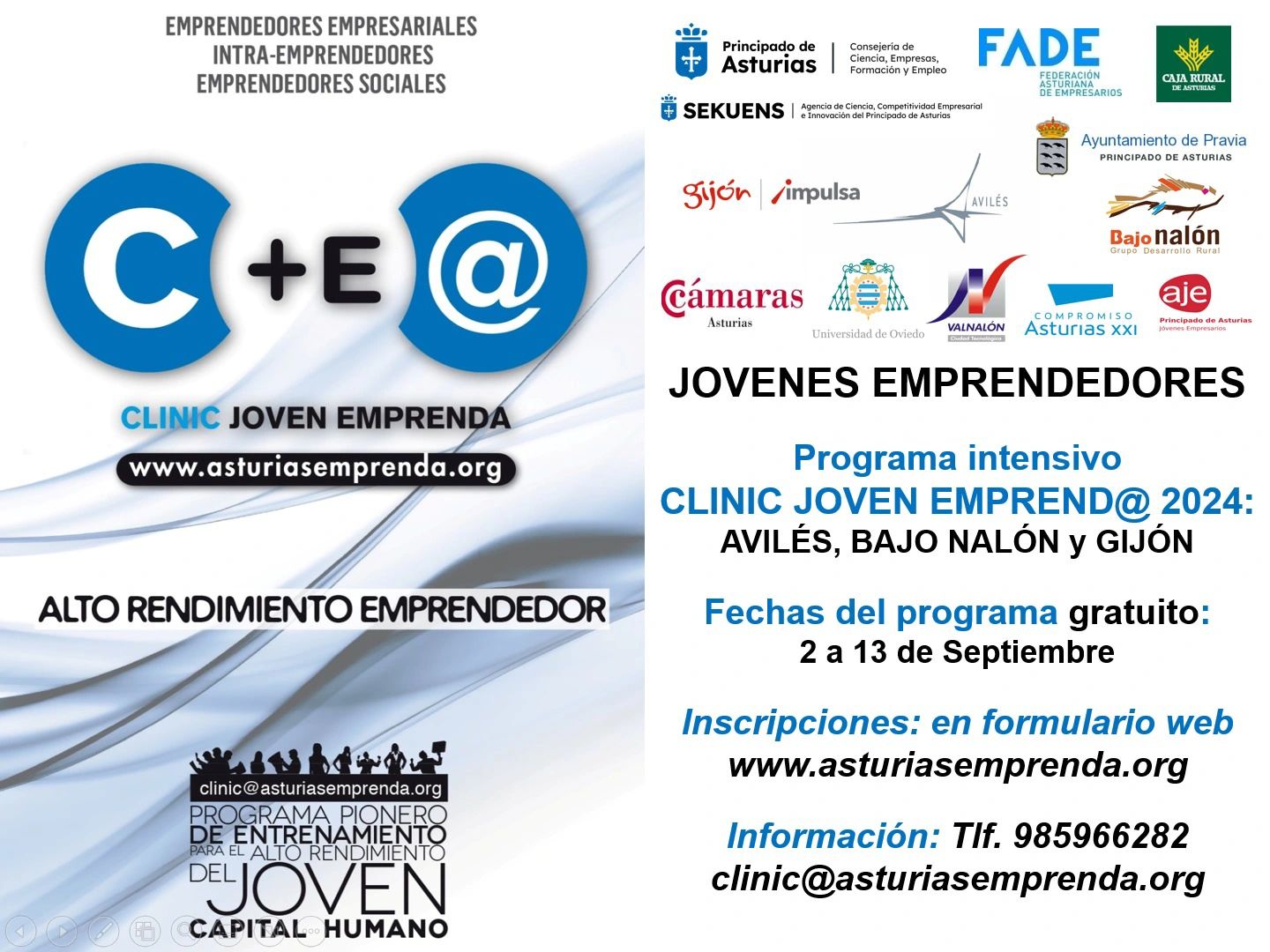 Cartel para la Inscripción en el programa de alto rendimiento emprendedor, Clinic Joven Emprenda, escuela de líderes emprendedores en Asturias