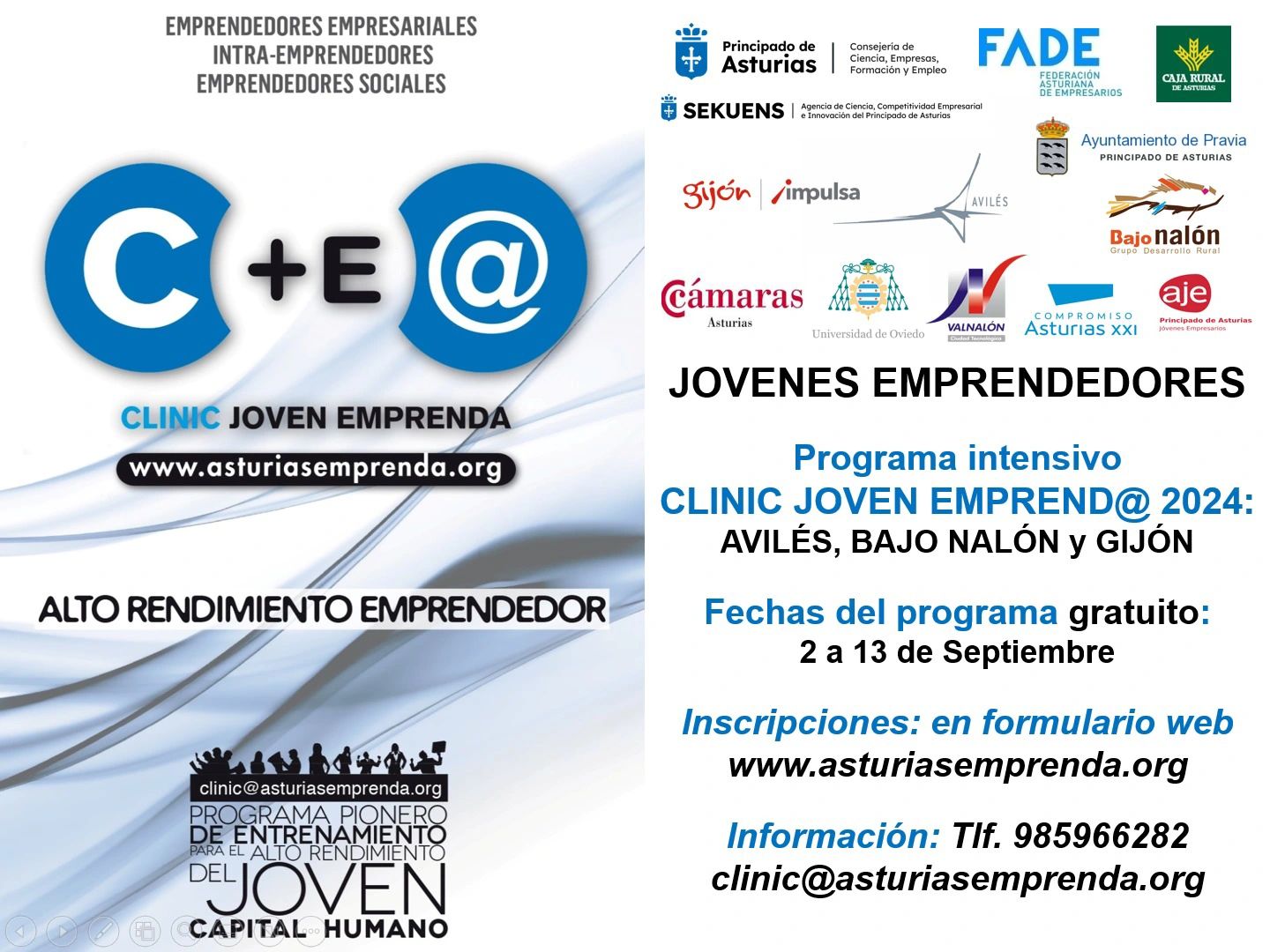 Cartel para la Inscripción en el programa de alto rendimiento emprendedor, Clinic Joven Emprenda, escuela de líderes emprendedores en Asturias